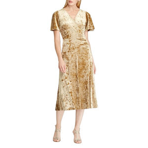 LAUREN RALPH LAUREN Gold Crushed Velvet Wrap Dress Plus Size 18